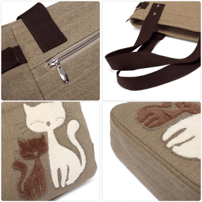 Cat Embroidered Canvas Bag