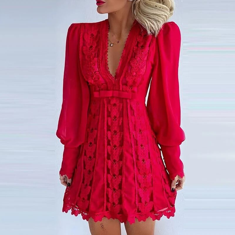 Lantern Sleeve Deep V Mini Dress