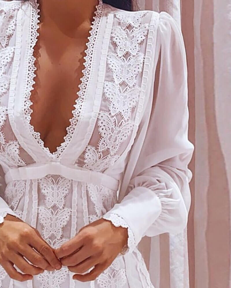Lantern Sleeve Deep V Mini Dress