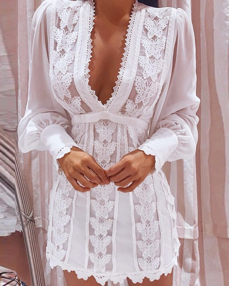 Lantern Sleeve Deep V Mini Dress