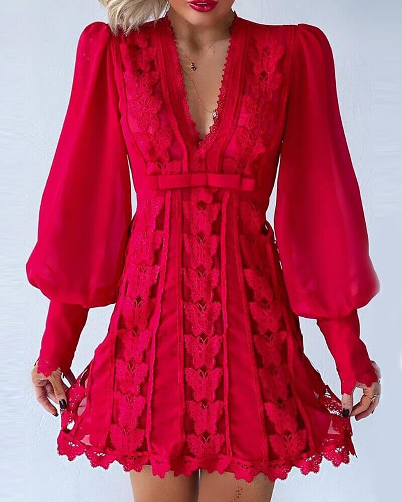 Lantern Sleeve Deep V Mini Dress