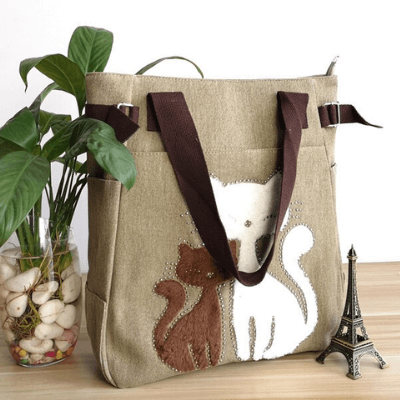 Cat Embroidered Canvas Bag