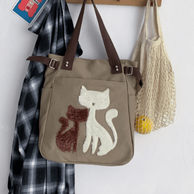 Cat Embroidered Canvas Bag