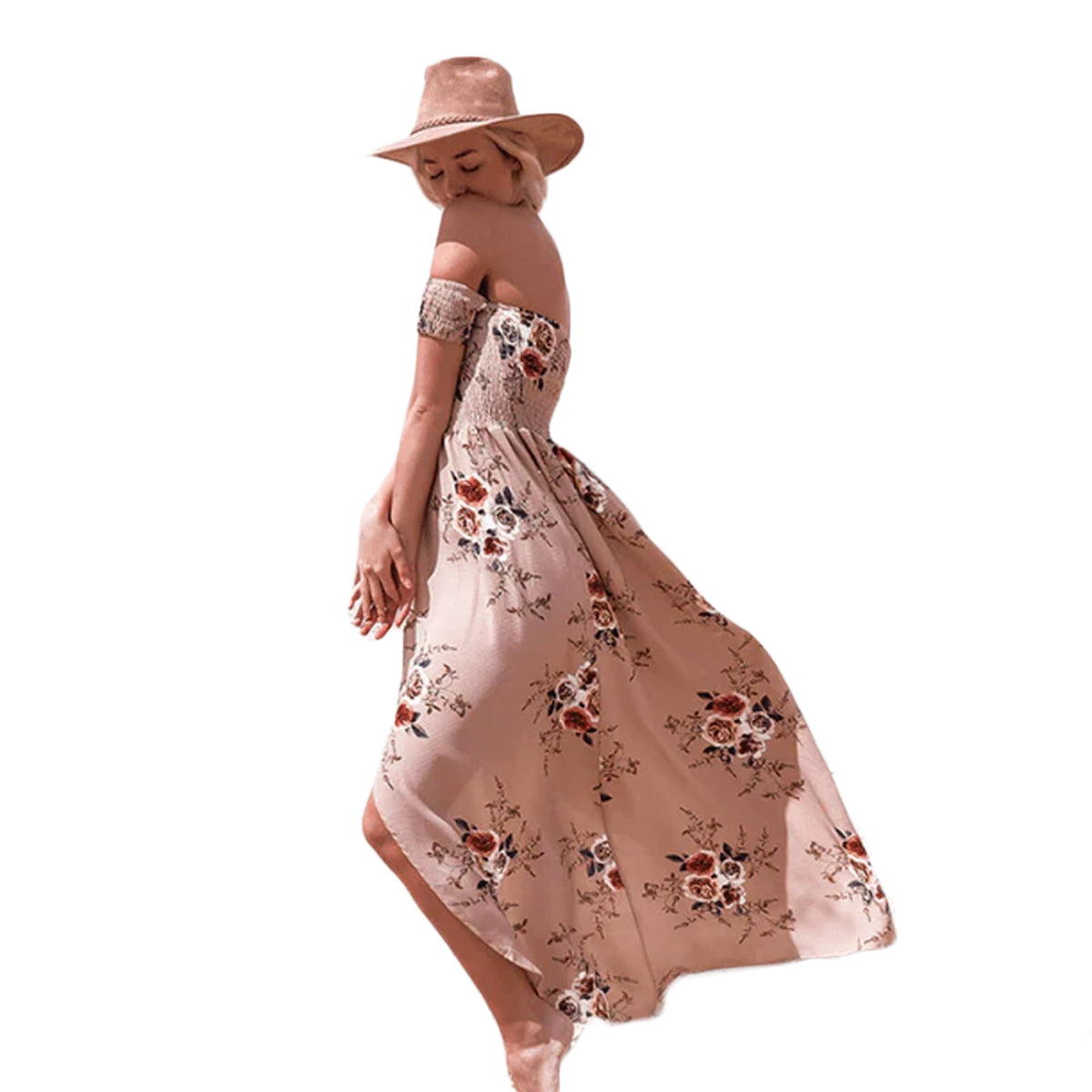Blomstret off-shoulder omslagskjole i maxi-lengde