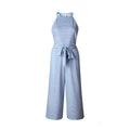 Women's Striped Waist Belt Wide Leg Jumpsuit