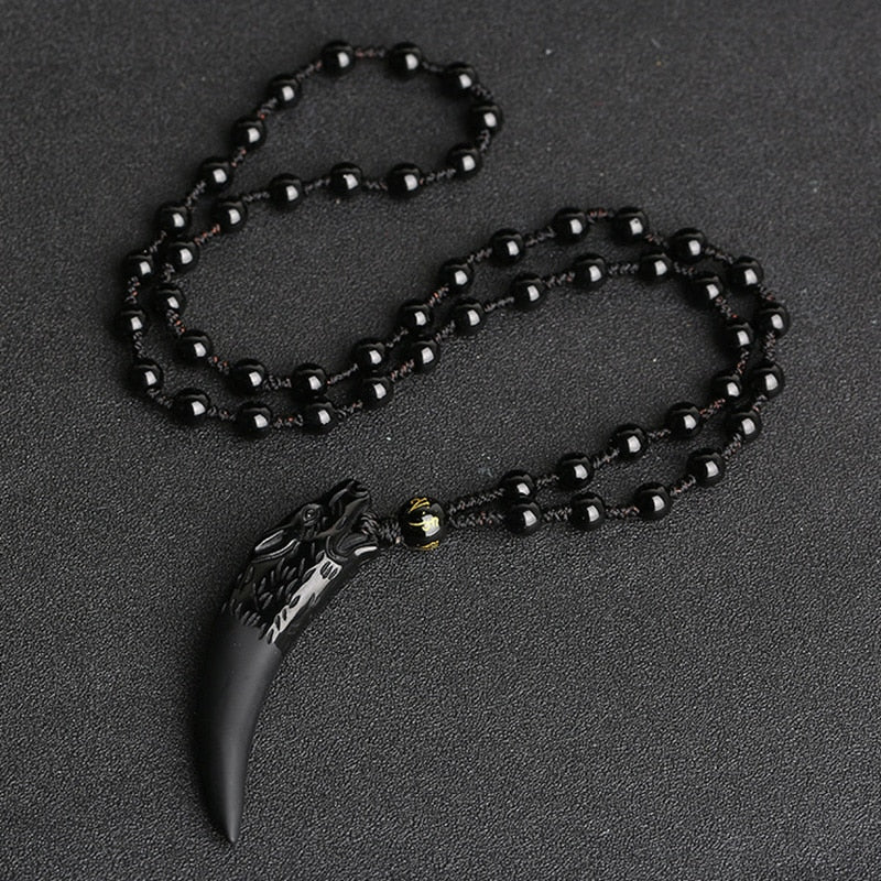 Obsidian Wolf Tooth Pendant Necklace