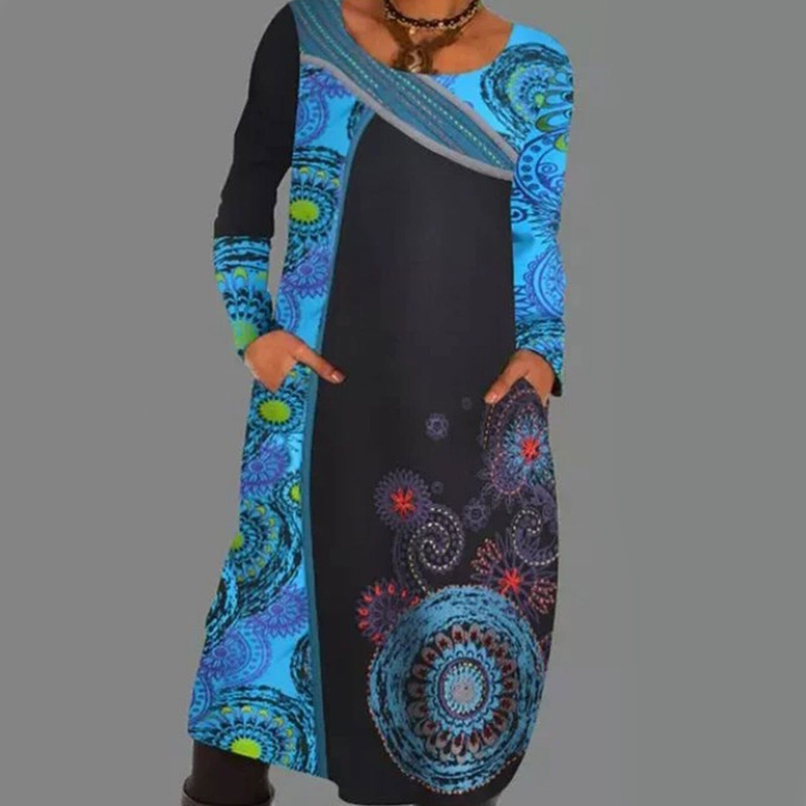 Vintage Print Pullover Dress with Pockets