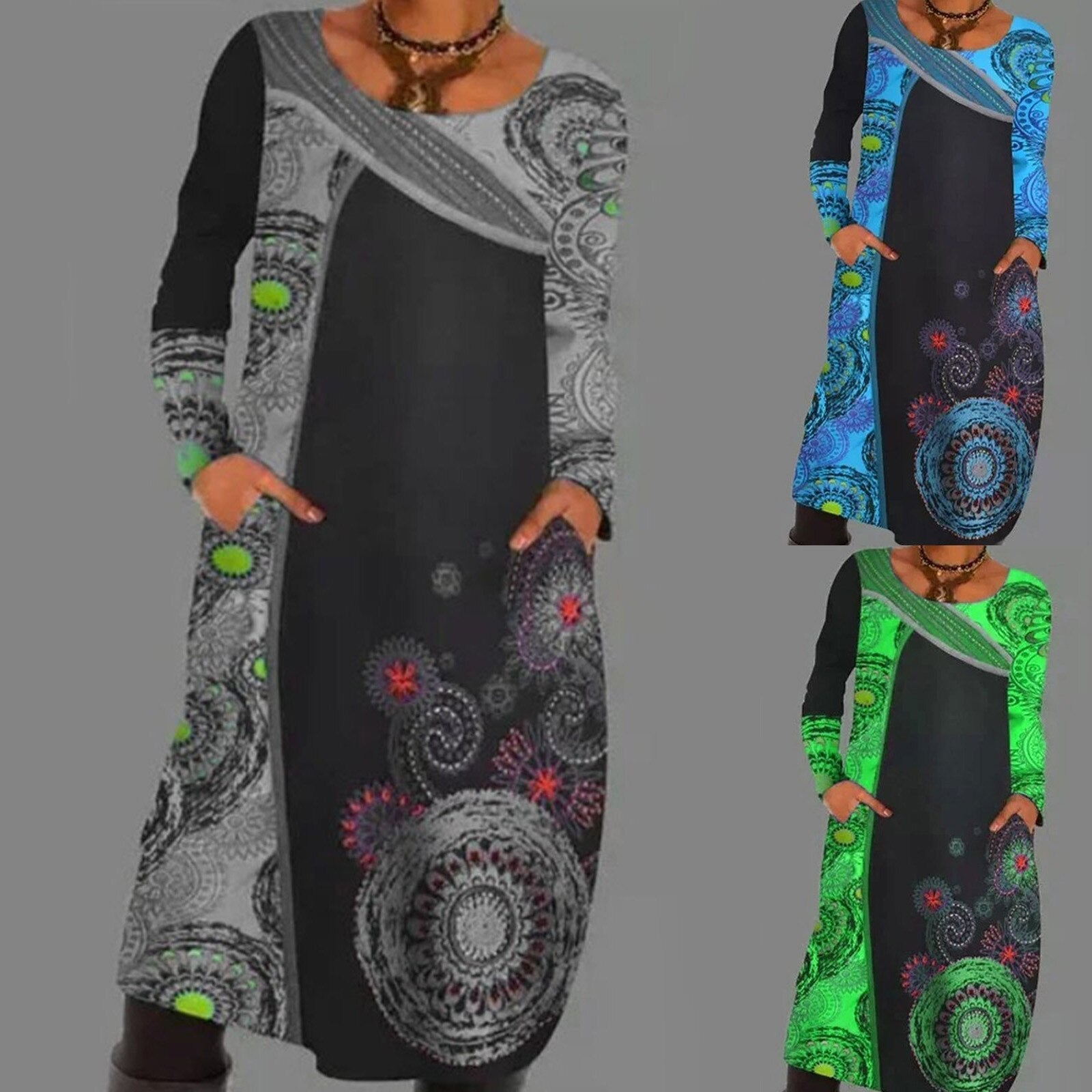 Vintage Print Pullover Dress with Pockets