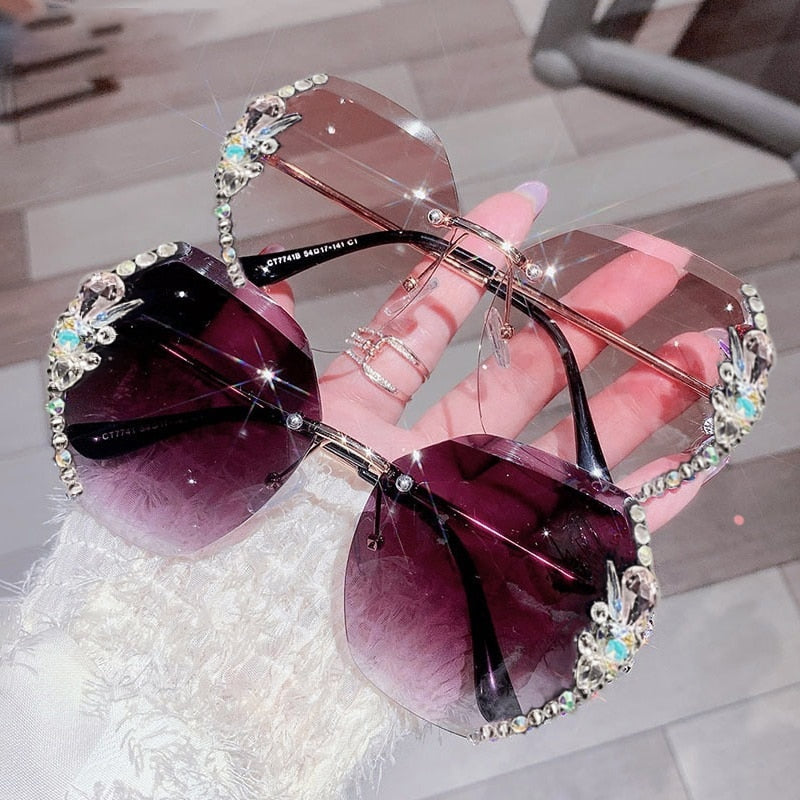 Rimless Gradient Lens Rhinestone Sunglasses