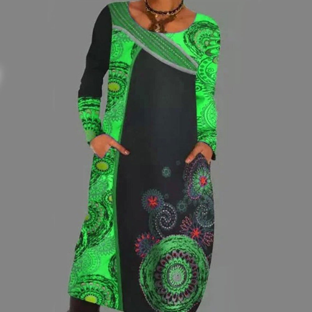 Vintage Print Pullover Dress with Pockets
