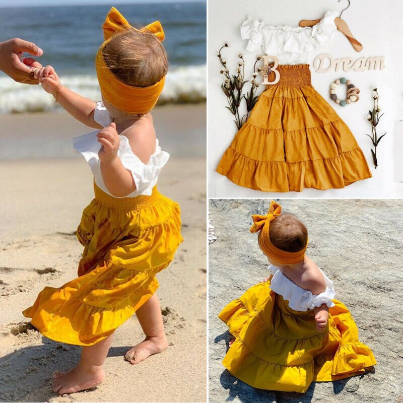 Off-shoulder crop top og skjørtsett med volanger
