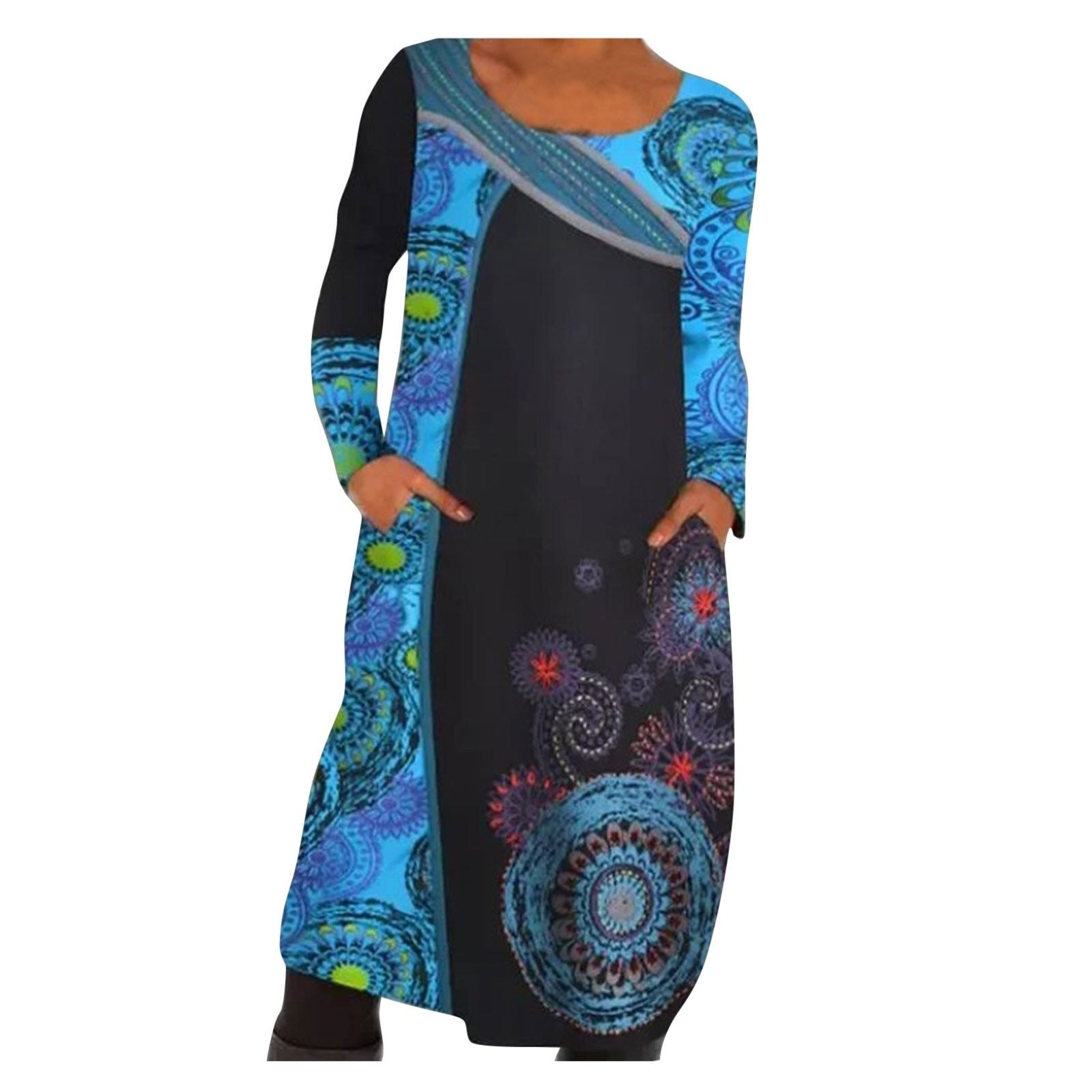 Vintage Print Pullover Dress with Pockets