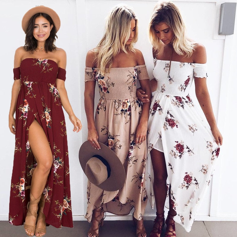 Blomstret off-shoulder omslagskjole i maxi-lengde