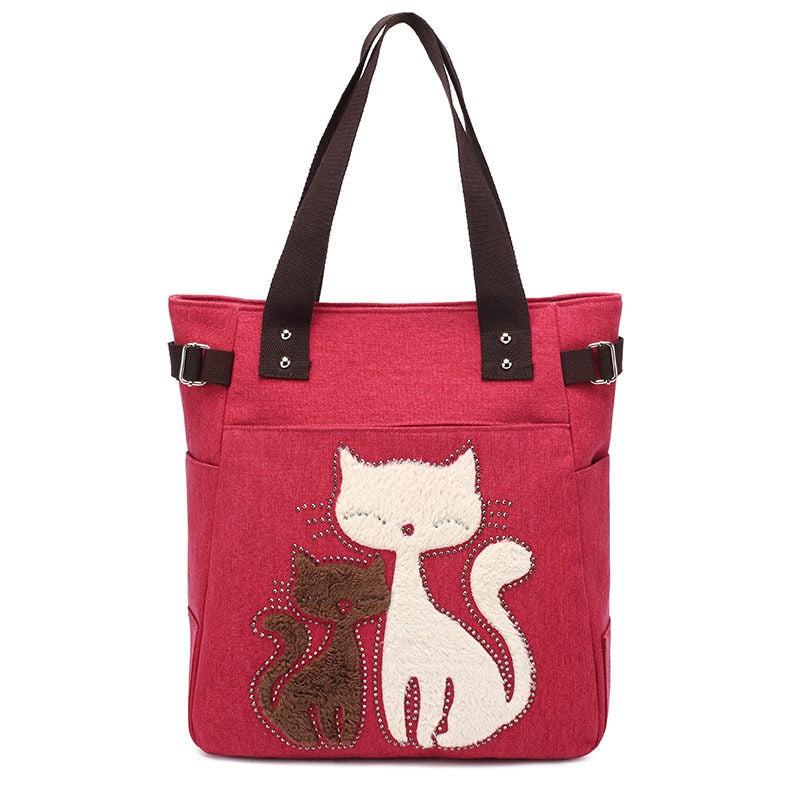 Cat Embroidered Canvas Bag