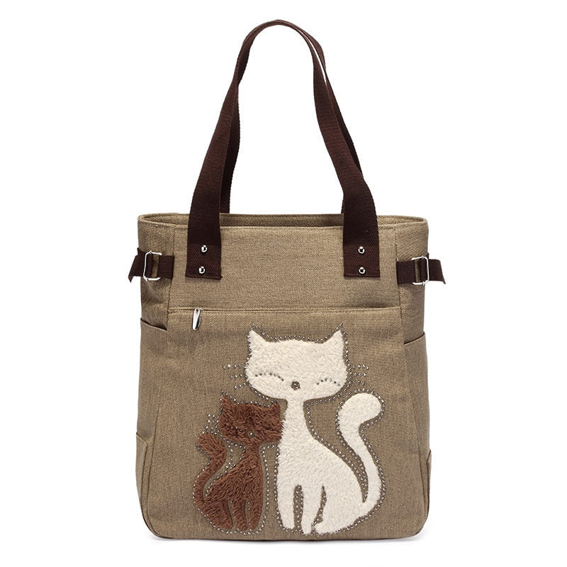 Cat Embroidered Canvas Bag