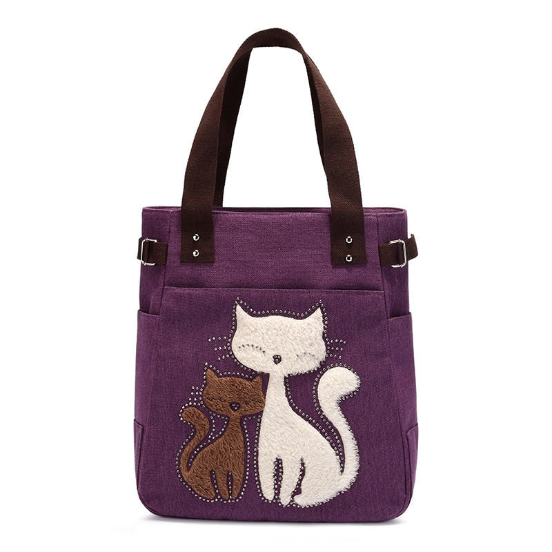 Cat Embroidered Canvas Bag
