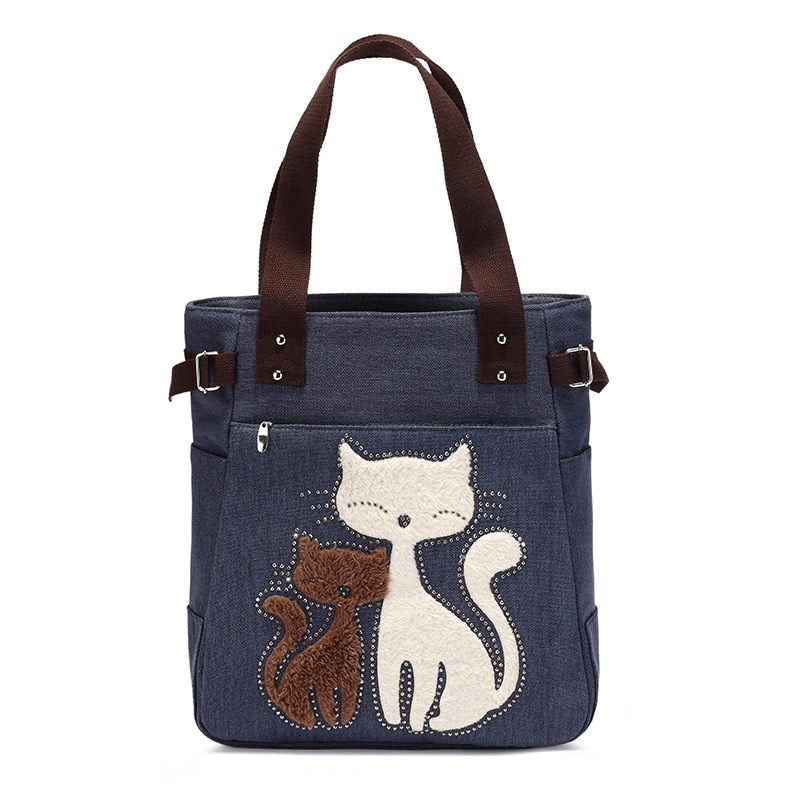 Cat Embroidered Canvas Bag