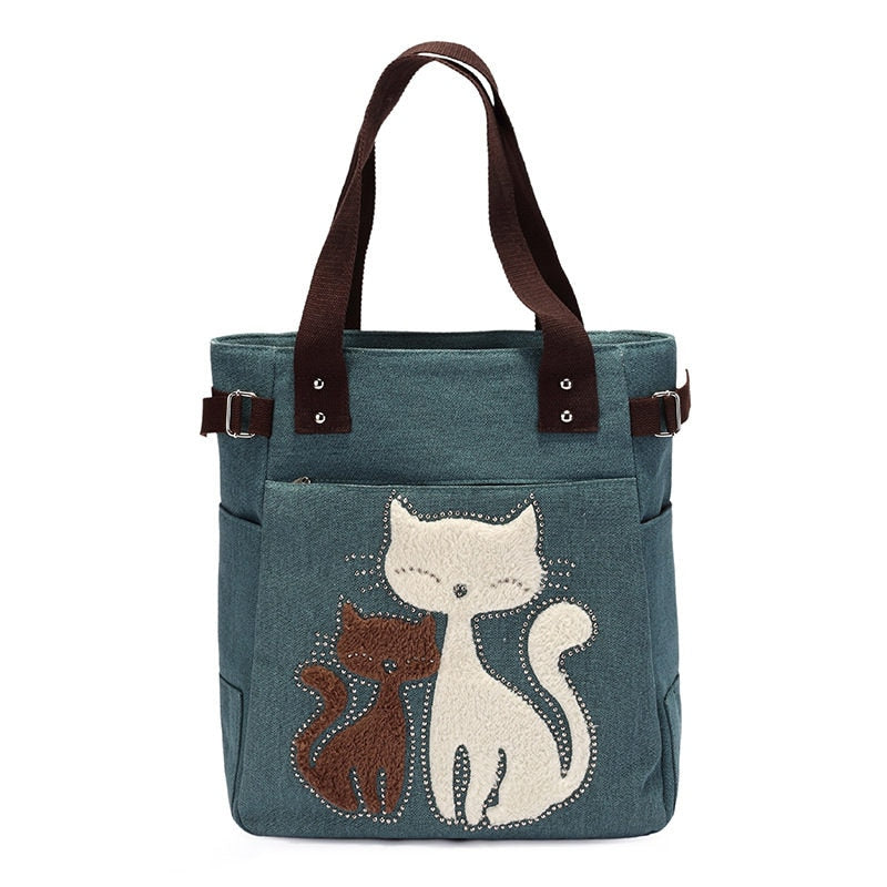 Cat Embroidered Canvas Bag