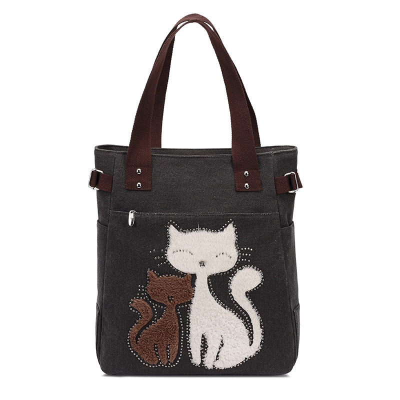 Cat Embroidered Canvas Bag