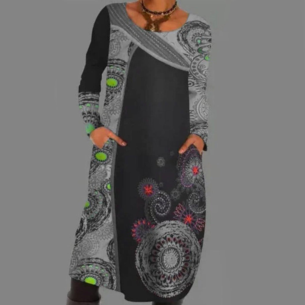 Vintage Print Pullover Dress with Pockets