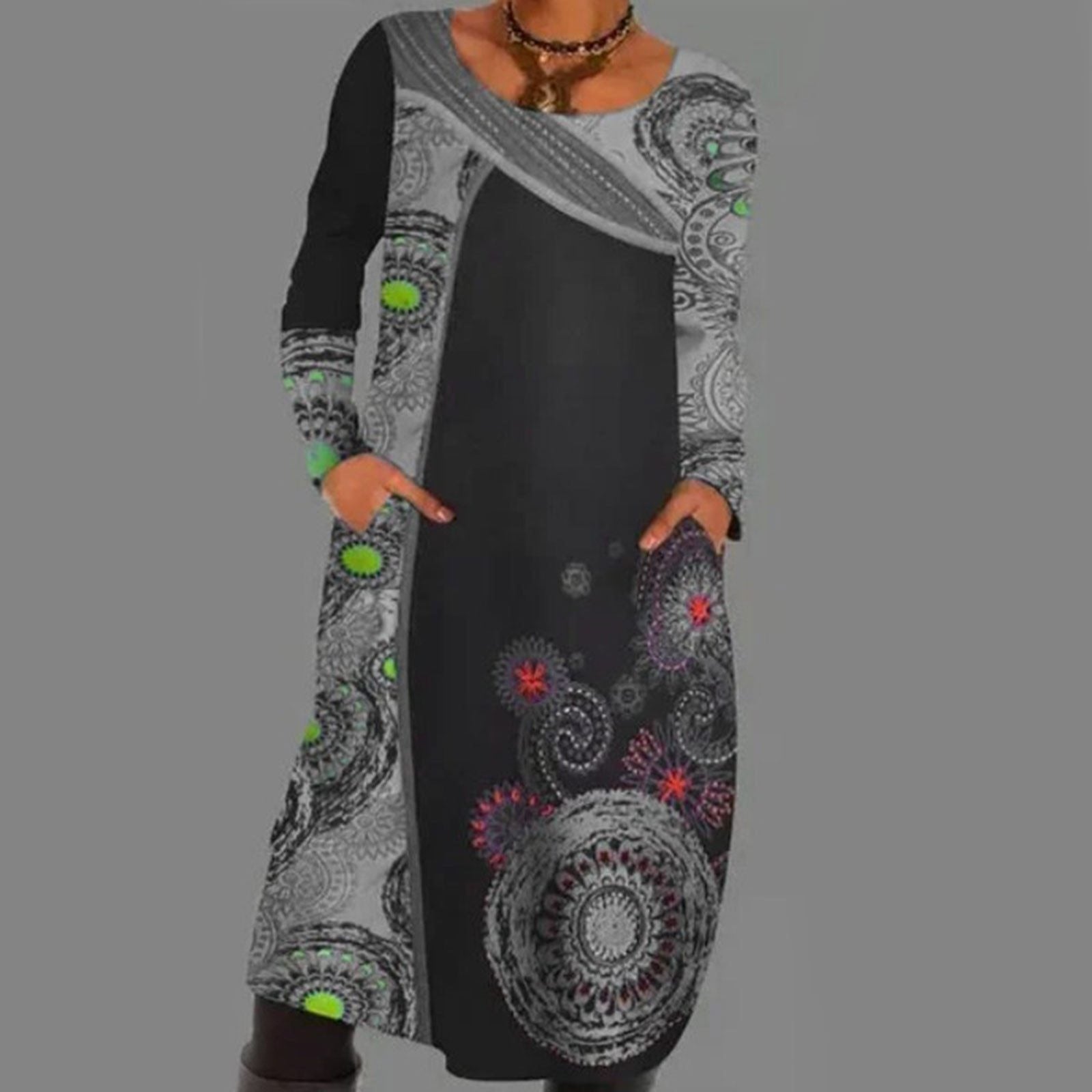 Vintage Print Pullover Dress with Pockets