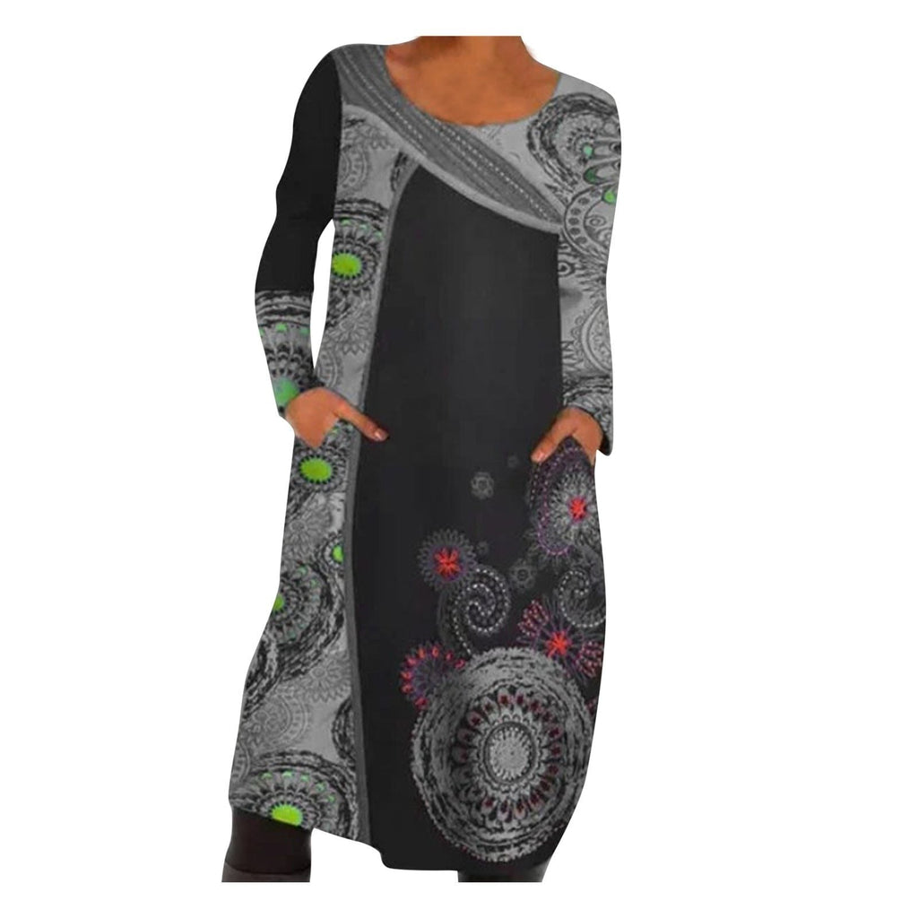 Vintage Print Pullover Dress with Pockets