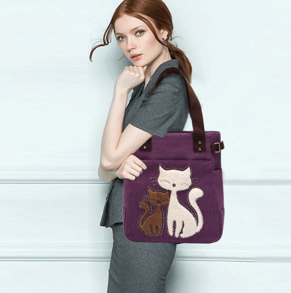 Cat Embroidered Canvas Bag