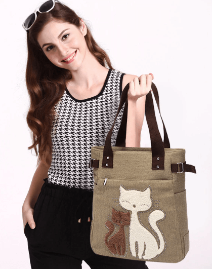Cat Embroidered Canvas Bag