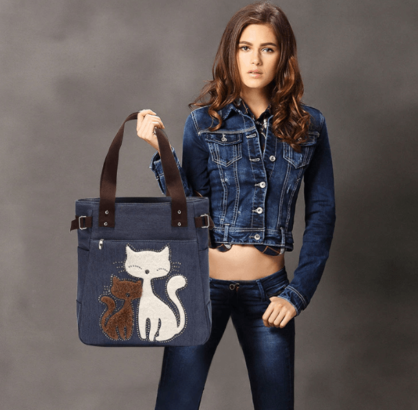 Cat Embroidered Canvas Bag
