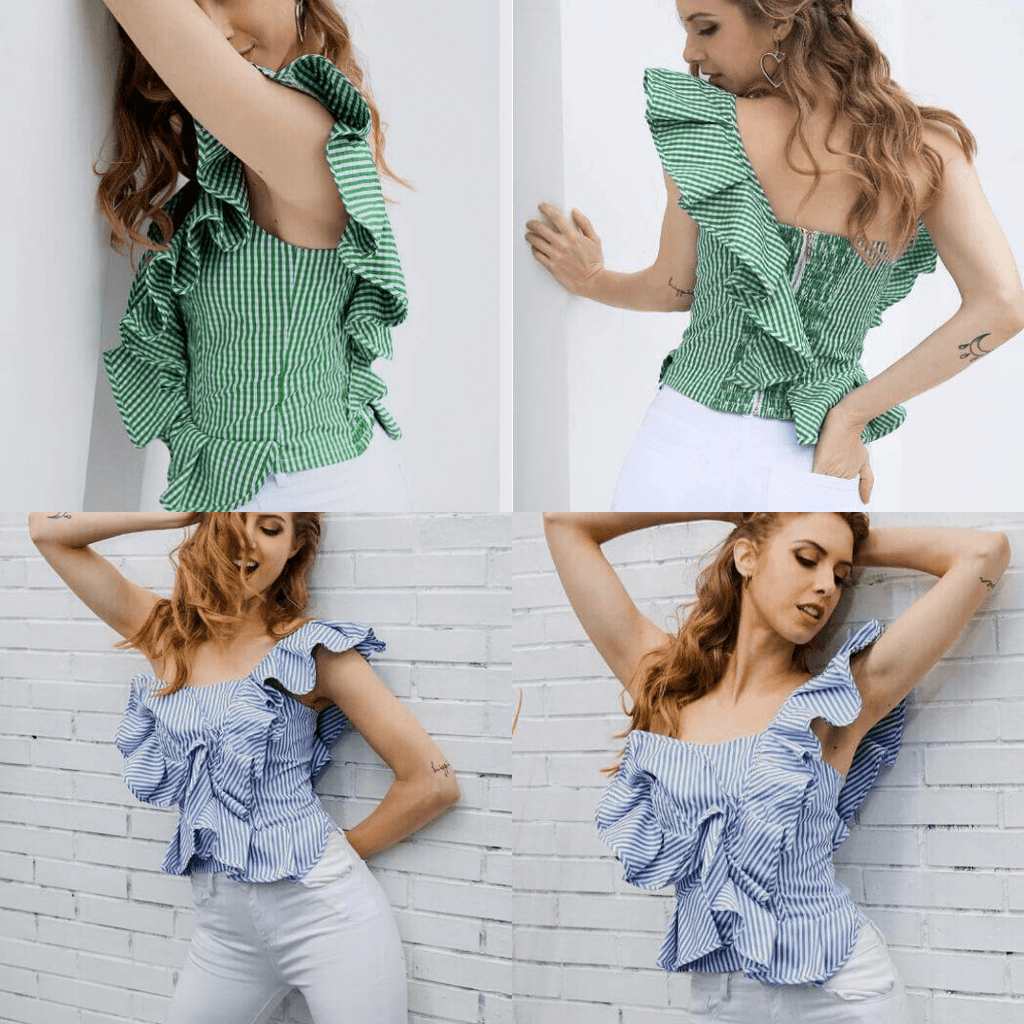Striped one-shoulder blouse with flounce
