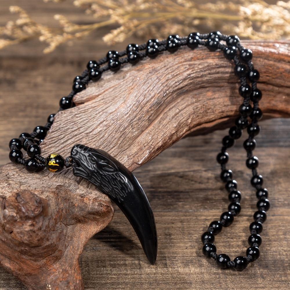 Obsidian Wolf Tooth Pendant Necklace