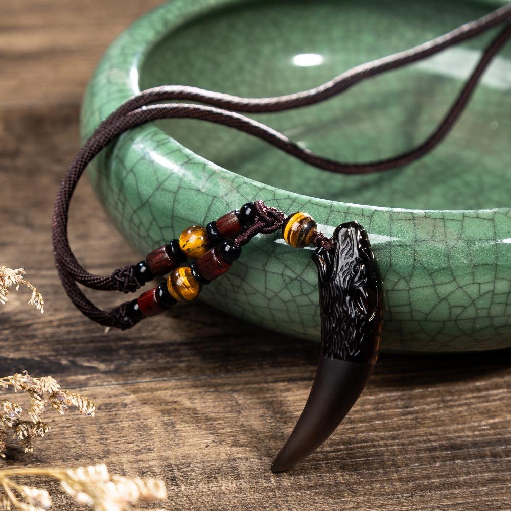 Obsidian Wolf Tooth Pendant Necklace