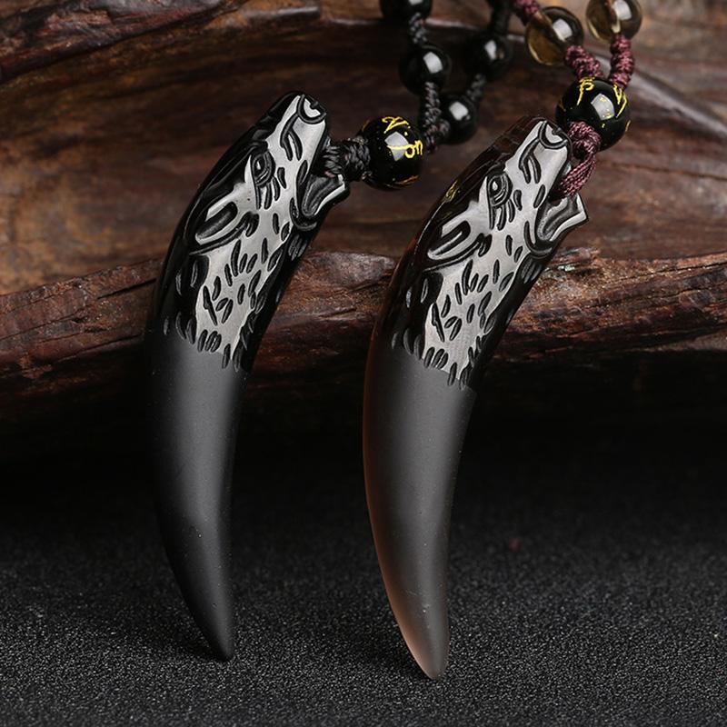 Obsidian Wolf Tooth Pendant Necklace